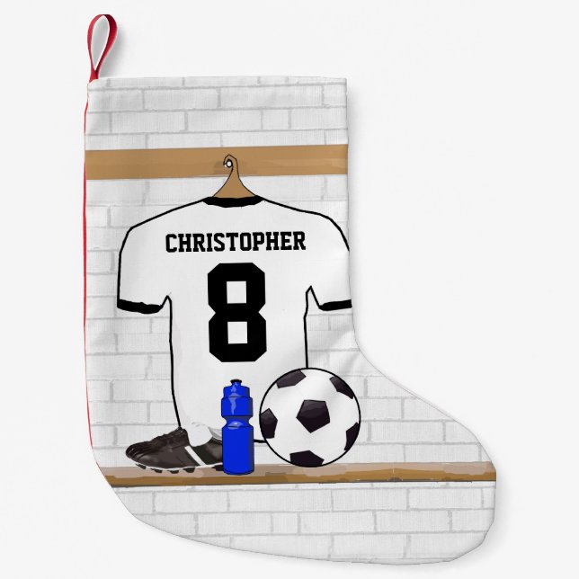 Personalised White Black Football Soccer Jersey Small Christmas Stocking (Front)