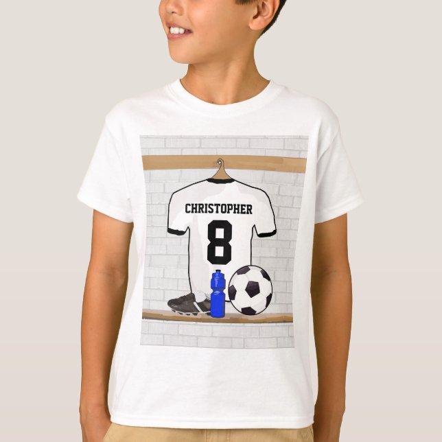Personalised White Black Football Soccer Jersey T-Shirt (Front)