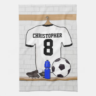 Personalised White Black Football Soccer Jersey Tea Towel