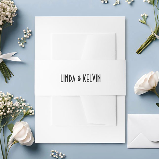 Personalised White & Black Minimal Script Wedding Invitation Belly Band (Personalized white and black minimal script belly band adds a sleek, custom finish to invitations.)