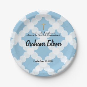 Personalised White Blue Gold Cross First Communion Paper Plate