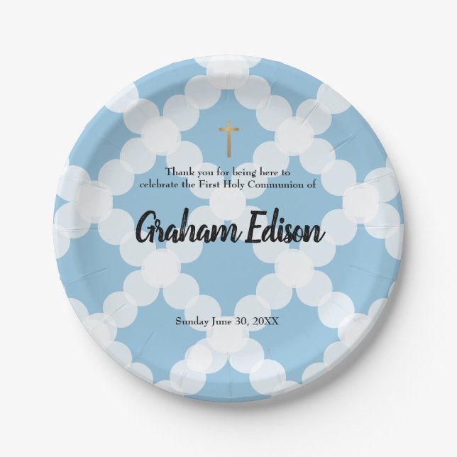 Personalised White Blue Gold Cross First Communion Paper Plate (Front)