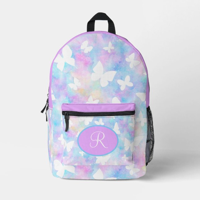 Personalised White Butterflies on Pink & Blue Printed Backpack (Front)