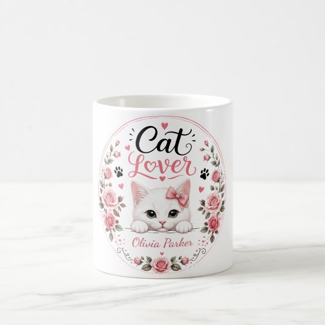 Personalised White Cat Lover Name Pink Roses Coffee Mug (Center)
