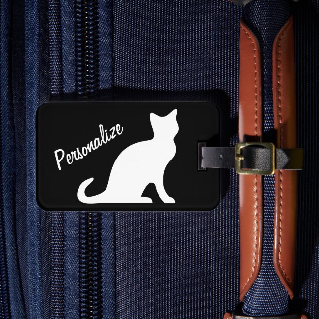 Personalised white cat silhouette luggage tag (Front Insitu 4)