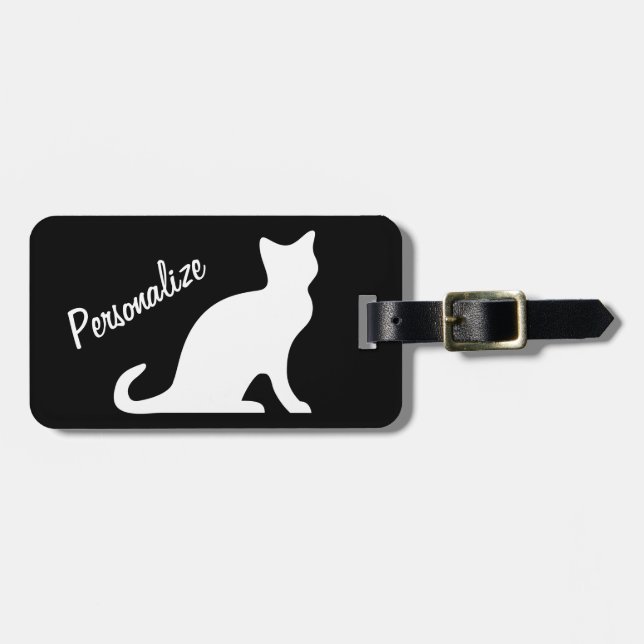 Personalised white cat silhouette luggage tag (Front Horizontal)