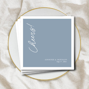 Personalised White "Cheers!" Dusty Blue Wedding Napkin