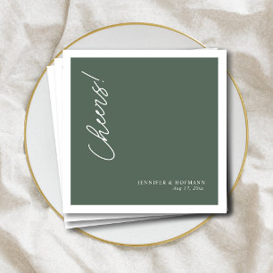 Personalised White "Cheers!" Sage Green Wedding  Napkin