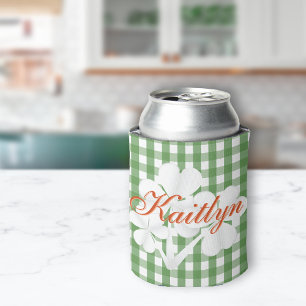 Personalised White Clovers Green Gingham Can Cooler