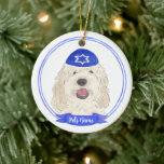 Personalised White Cream Doodle Dog Hanukkah Ceramic Tree Decoration<br><div class="desc">Celebrate your favourite mensch on a bench with personalised ornament! This design features a sweet illustration of a white or cream doodle dog with a blue and white yarmulke. For the most thoughtful gifts, pair it with another item from my collection! To see more work and learn about this artist,...</div>