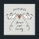 Personalised White Doves Wedding Magnet Favour<br><div class="desc">An illustration of 2 beautiful doves holding flowing ribbon with a love heart attached</div>