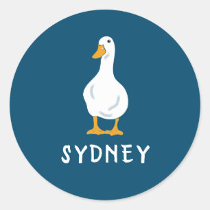 Personalised White Duck Illustration Navy Blue Classic Round Sticker