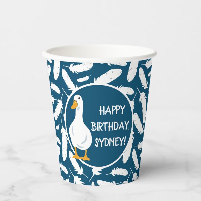 Personalised White Duck Illustration Navy Blue Paper Cups (Front)