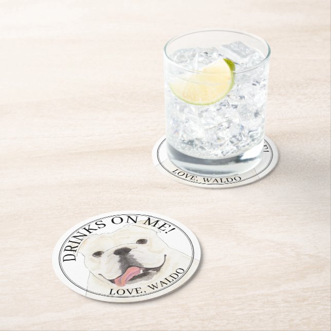 Personalised White English Bulldog Dog Wedding Round Paper Coaster (Insitu)