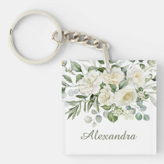 Personalised White Floral Bridesmaid Gift Key Ring