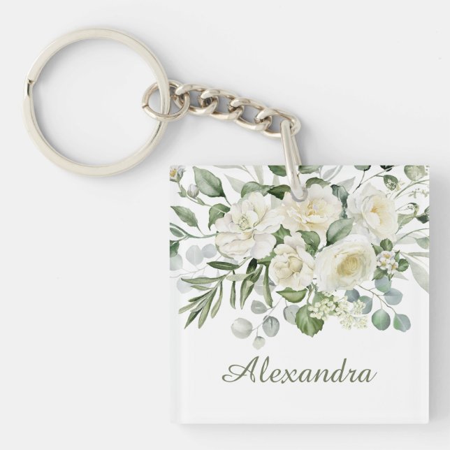 Personalised White Floral Bridesmaid Gift  Key Ring (Front)
