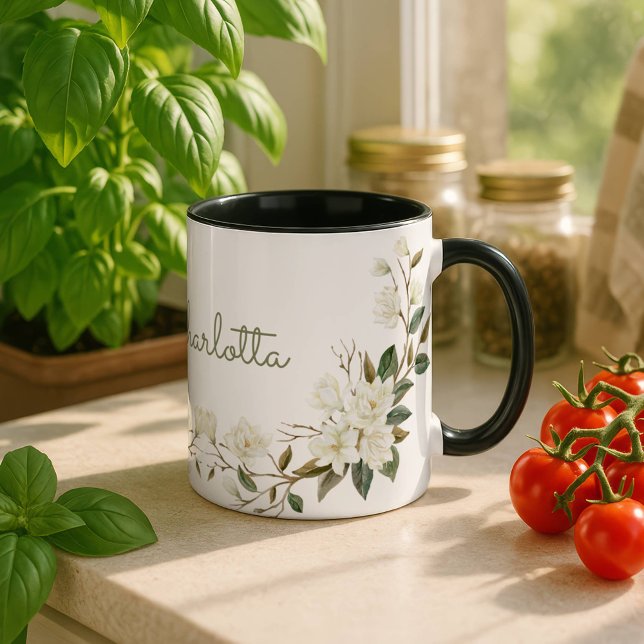 Personalised White Floral Mug, Elegant Custom Name Mug (Creator Uploaded)