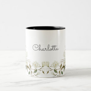 Personalised White Floral Mug, Elegant Custom Name Two-Tone Coffee Mug