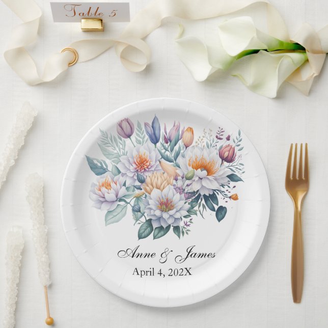 Personalised White Floral  Paper Plate (Wedding)