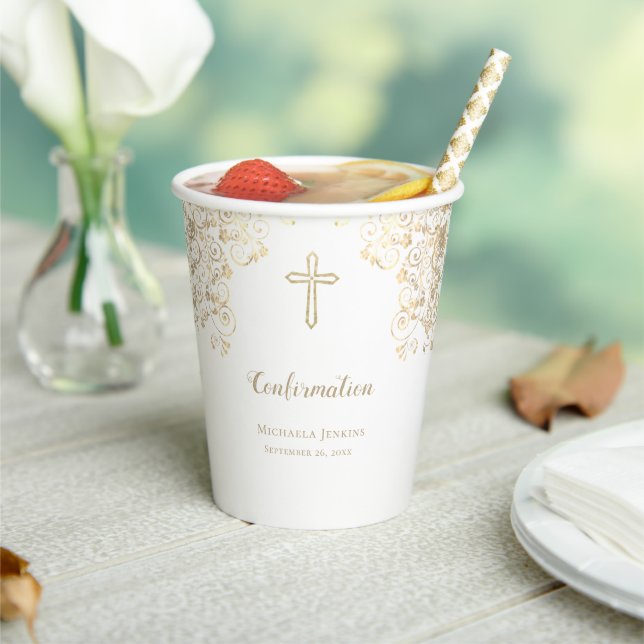 Personalised White Gold Cross Confirmation  Paper Cups (Insitu)