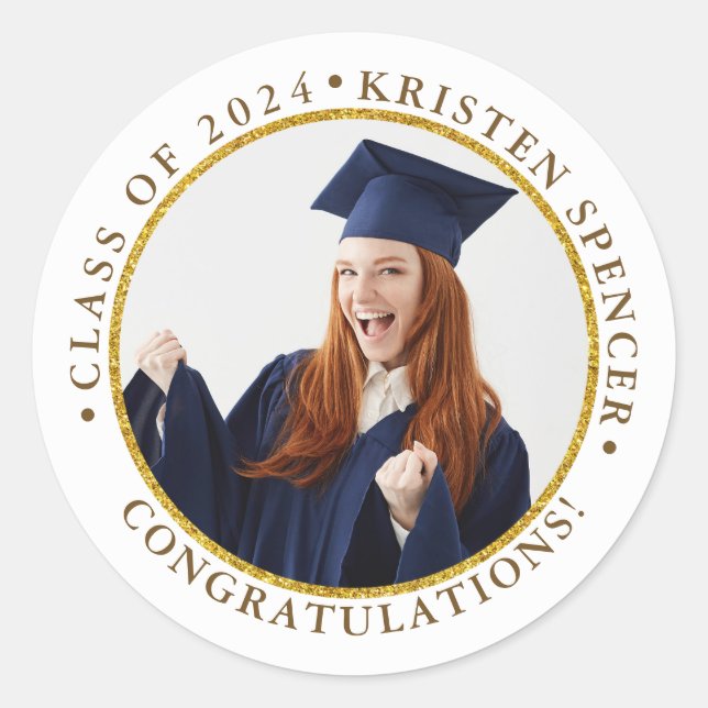 Personalised White Gold Graduate Photo Graduation Classic Round Sticker (Front)