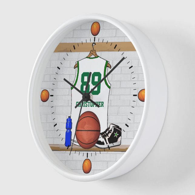 Personalised white green  Basketball Jersey Wall Clock (Angle)