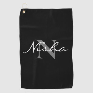 Personalised White Grey Monogram Name Black Golf Towel