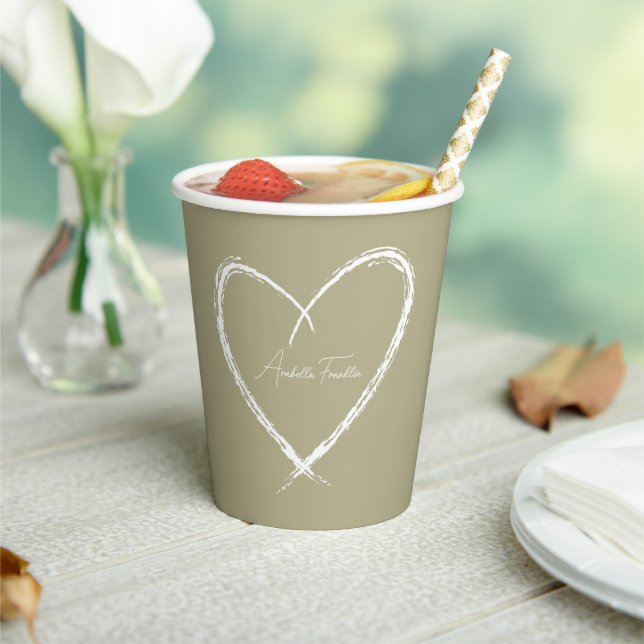 Personalised White Heart Bridal Shower Sage Green Paper Cups (Insitu)