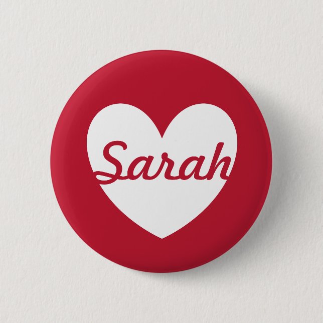 Personalised white heart on red 6 cm round badge (Front)