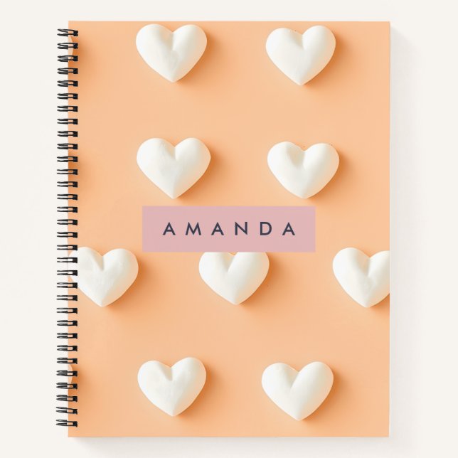 Personalised White Heart Pattern on Peach Notebook (Front)
