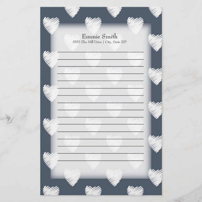 Personalised White Hearts on Navy Blue Stationery (Front)
