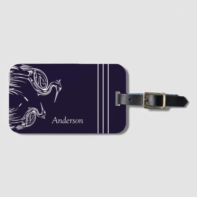  Personalised White Herons Birds Navy Blue  Luggage Tag (Front Horizontal)