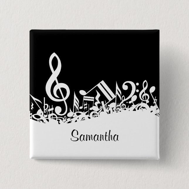 Personalised White Jumbled Musical Notes on Black 15 Cm Square Badge (Front)