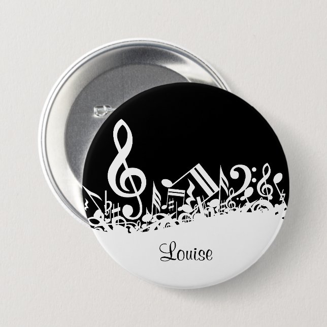 Personalised White Jumbled Musical Notes on Black 7.5 Cm Round Badge (Front & Back)