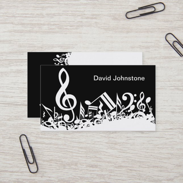 Personalised White Jumbled Musical Notes on Black Business Card (Front/Back In Situ)
