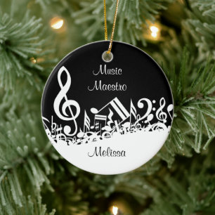 Personalised White Jumbled Musical Notes on Black Ceramic Tree Decoration