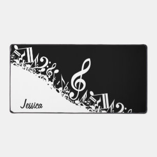 Personalised White Jumbled Musical Notes on Black Desk Mat