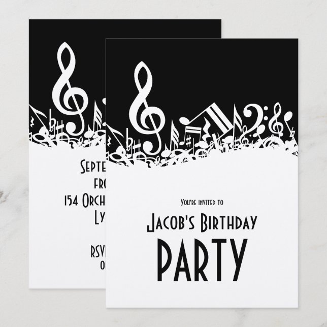 Personalised White Jumbled Musical Notes on Black Invitation (Front/Back)