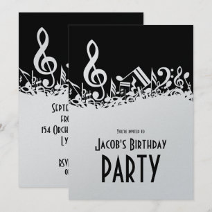 Personalised White Jumbled Musical Notes on Black Invitation