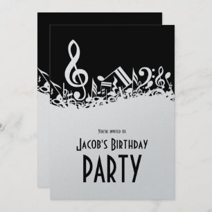 Personalised White Jumbled Musical Notes on Black Invitation