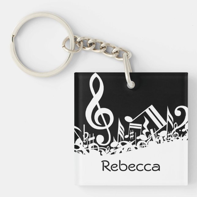 Personalised White Jumbled Musical Notes on Black Key Ring (Front)