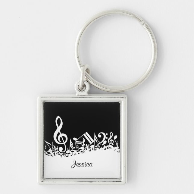 Personalised White Jumbled Musical Notes on Black Key Ring (Front)