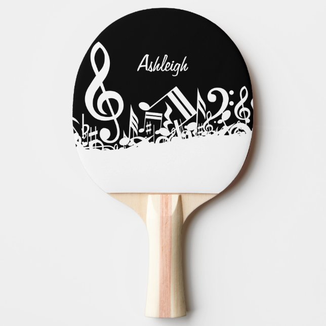 Personalised White Jumbled Musical Notes on Black Ping Pong Paddle (Front)