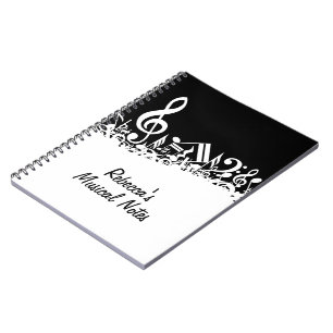 Personalised White Jumbled Musical Notes on Black Spiral Notebook