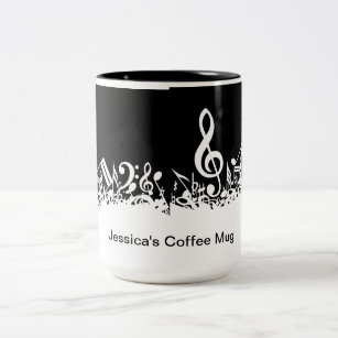 Personalised White Jumbled Musical Notes on Black Two-Tone Coffee Mug