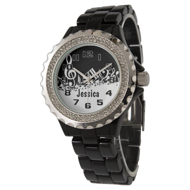 Personalised White Jumbled Musical Notes on Black  Watch (Angled)