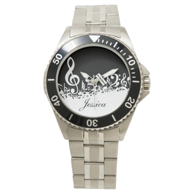 Personalised White Jumbled Musical Notes on Black Watch (Front)