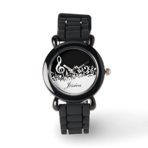 Personalised White Jumbled Musical Notes on Black Watch