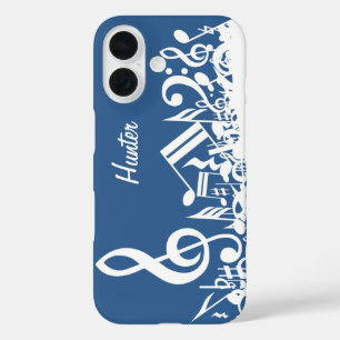Personalised White Jumbled Musical Notes on Blue iPhone 16 Case