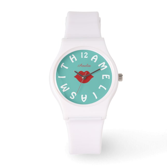 Personalised White Letter Dial and Red Lips Watch (Front)